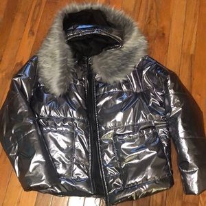 Metallic Puffer Jacket w/removable Faux Fur Collar